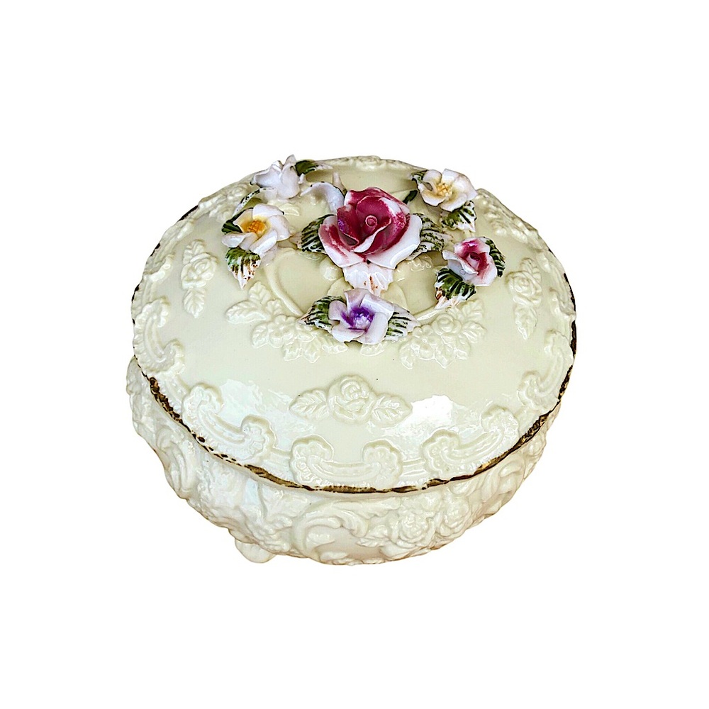 Vintage Ivory  Porcelain Trinket Box Embossed Flower Sculpted Hand Painted Roses